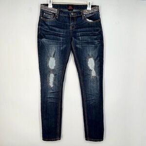 2B Bebe Womens Size 28 Low Rise Skinny Jeans Dark Blue Bling Waist Distressed
